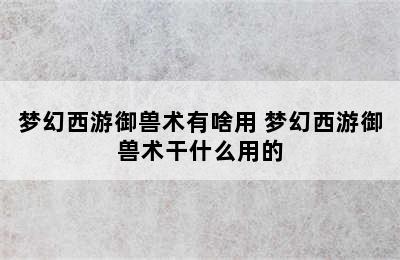 梦幻西游御兽术有啥用 梦幻西游御兽术干什么用的